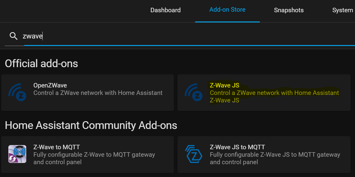 Z-Wave JS in the add-on store